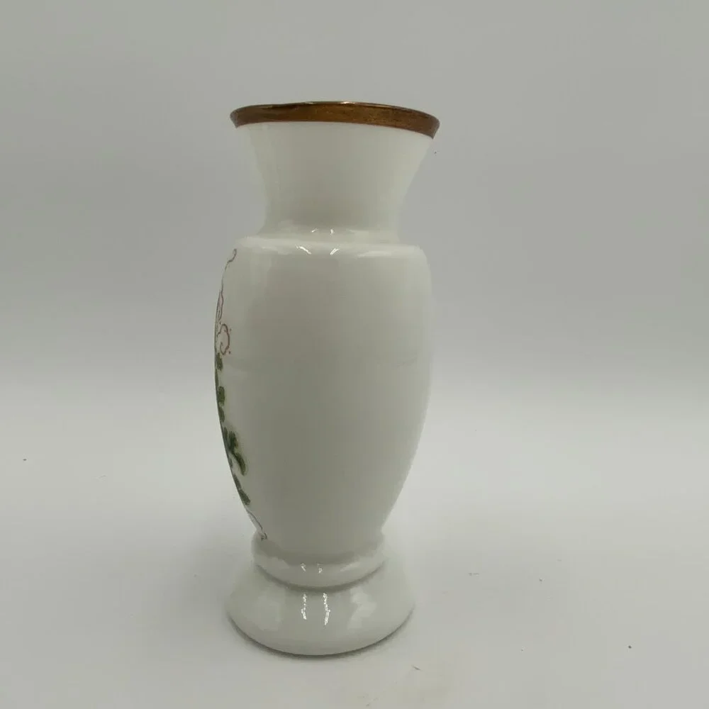 VTG Enesco Milk Glass Blue & Yellow Floral Vase w Gold Trim 7